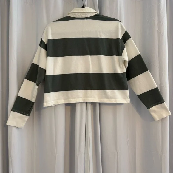 Aerie Striped Cropped Rugby Shirt Sporty Prep Oversized Womens XS Green White - Picture 4 of 13